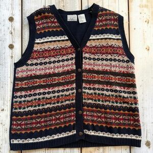 Vintage American Collection Fair Isle Sweater Vest Navy Blue Knit Button Front L